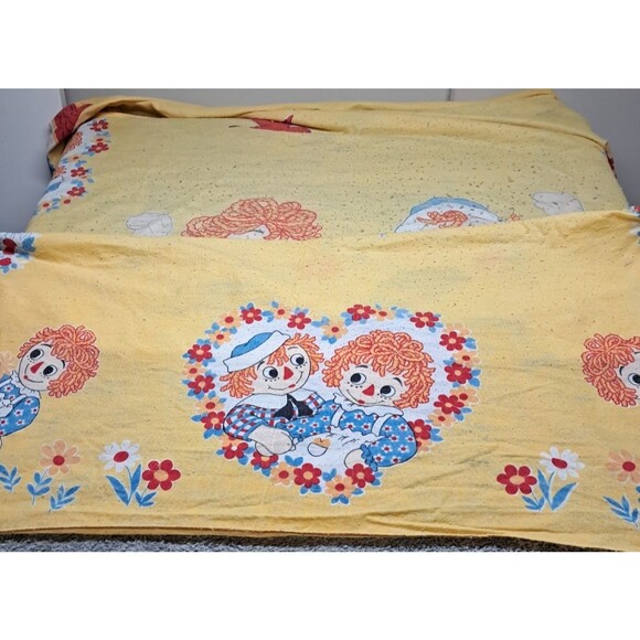 Rare Vintage Raggedy Ann & Andy Yellow Blanket Cover Bobbs Merrill Waffle Weave - Picture 3 of 8